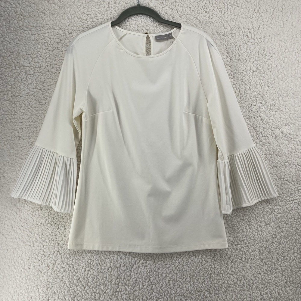 Ellie Kai Blouse Women's Size 4 White Ivory Stretch Bell Sleeve Chic Designer